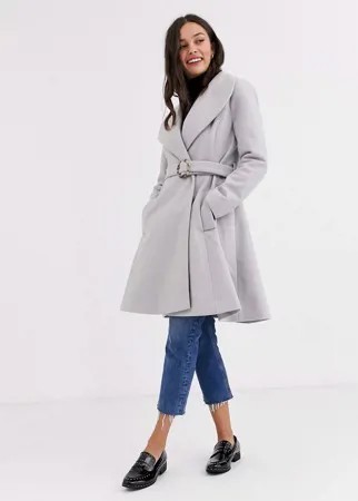 Серое приталенное пальто с поясом ASOS DESIGN-Серый