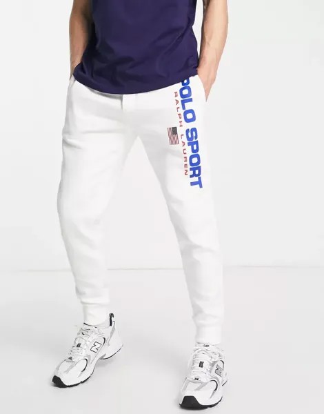 Белые спортивные капсульные джоггеры Polo Ralph Lauren с манжетами и логотипом на штанинах