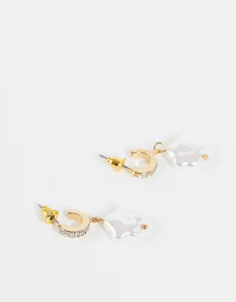 Золотистые серьги-кольца в стиле унисекс с кристаллами и цветами из искусственного перламутра Reclaimed Vintage Inspired-Золотистый