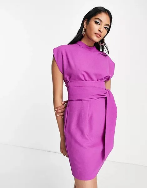 Фиолетовое мини-платье с поясом и бантом на спине Closet London