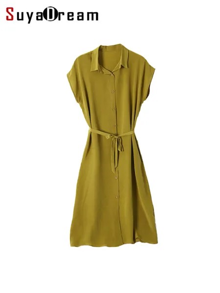 SuyaDream, женское платье миди, 100% шелк, крепдешин, однотонная блузка с поясом, платье-рубашка, 2022, весенне-летняя одежда, горчичный