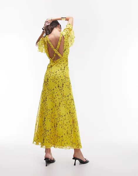 Topshop — длинное желтое коктейльное платье с принтом, деталью на спине и оборками на рукавах