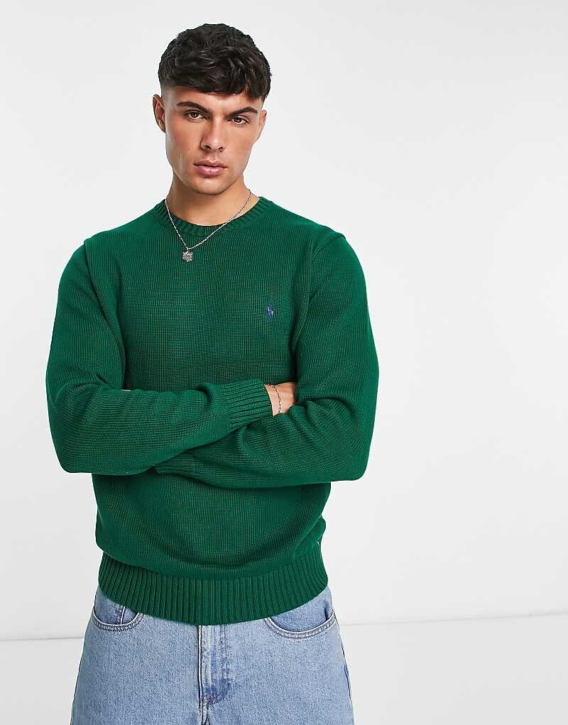 Темно-зеленый свитер из плотного хлопкового трикотажа Polo Ralph Lauren с логотипом бренда