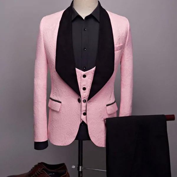 Мужские костюмы, Трендовое пальто, брюки, дизайнерский платок с отворотом, 3 шт., розовый, с принтом, свадебные костюмы для мужчин, на заказ, см...