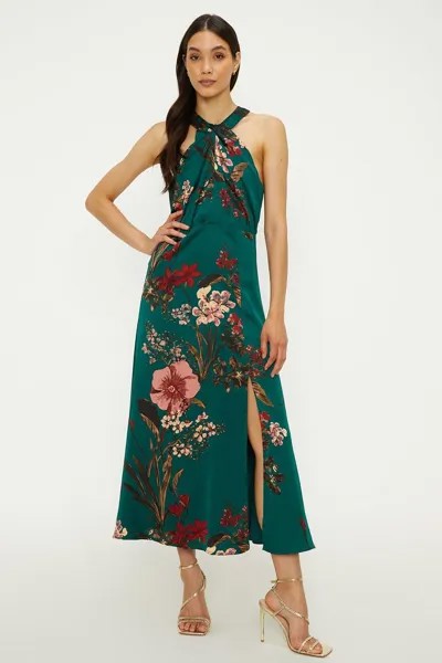 Платье макси на подкладке с цветочным принтом и закрученным вырезом Oasis, зеленый