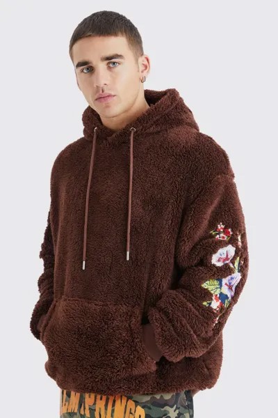 Толстовка Oversized Borg с цветочной вышивкой boohooMAN, коричневый