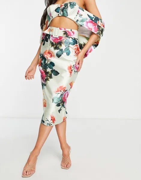 Атласная юбка-карандаш миди с цветочным принтом ASOS LUXE coord