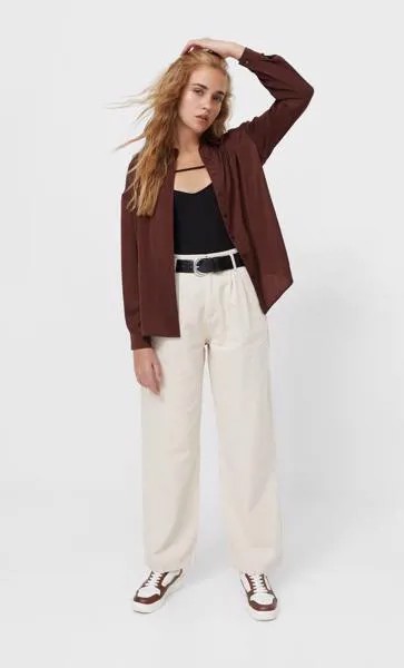 Stradivarius Рубашка Из Сатина Коричневый Xs