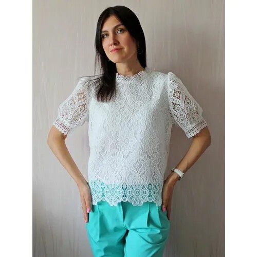 Блуза , классический стиль, прямой силуэт, короткий рукав, подкладка, без карманов, флористический принт, размер единый, белый