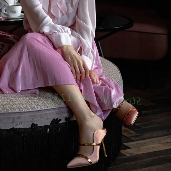 Мюли женские на каблуке с острым носком, элегантные туфли-лодочки с вырезами, летняя повседневная модная обувь, Цвет телесный розовый/золотой
