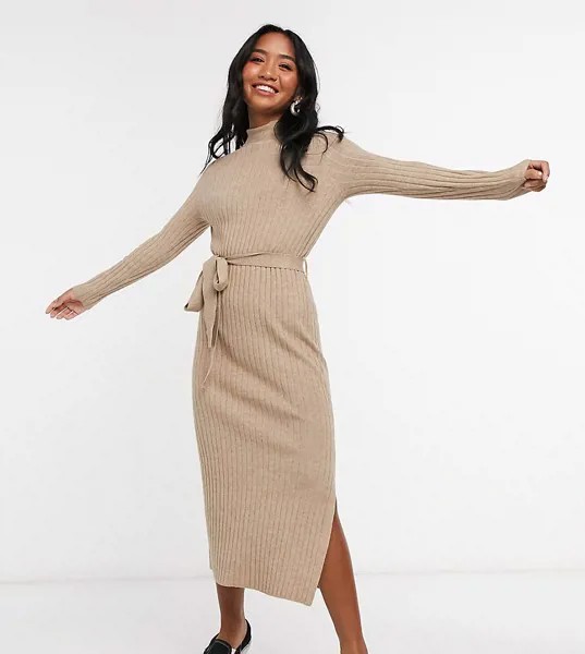 Платье миди с завязками на талии ASOS DESIGN Petite-Бежевый
