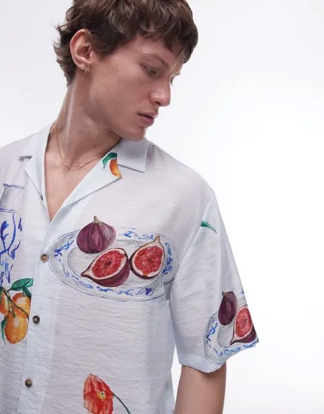 Голубая рубашка свободного кроя с короткими рукавами и рисунком Topman
