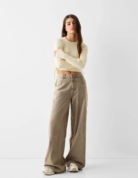 Широкие брюки из саржи в стиле плиссированной юбки Bershka, коричневый