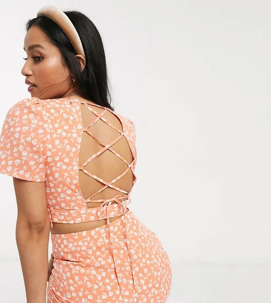 Кроп-топ от комплекта со шнуровкой на спине и цветочным принтом Fashion Union Petite-Оранжевый цвет