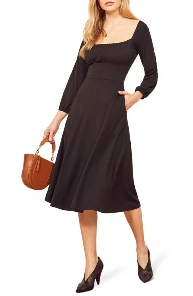 Джинсы REFORMATION Черные PIPPA Юбка миди в стиле ретро с квадратным вырезом и рюшами Платье LBD S