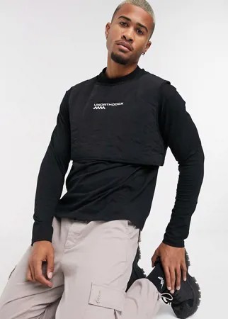 Лонгслив в стиле oversize со стеганой вставкой в форме жилета и вышитой надписью ASOS DESIGN-Черный