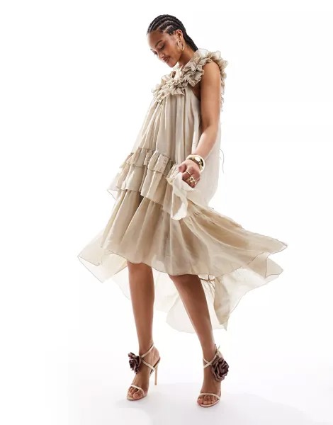Платье & Other Stories High Low Hem Midaxi With Ruffles, бежевый