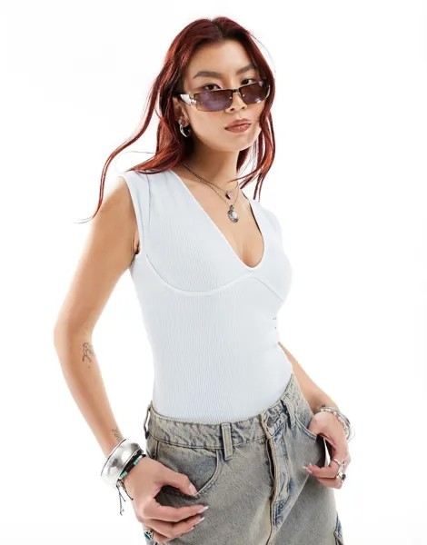 Голубое боди в рубчик с широким воротником Free People