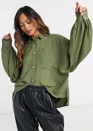 Фактурная рубашка цвета хаки с длинными рукавами и роговыми пуговицами ASOS DESIGN-Зеленый цвет