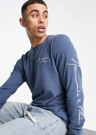 Темно-голубой лонгслив с принтом логотипа-подписи на спине и рукаве Abercrombie & Fitch