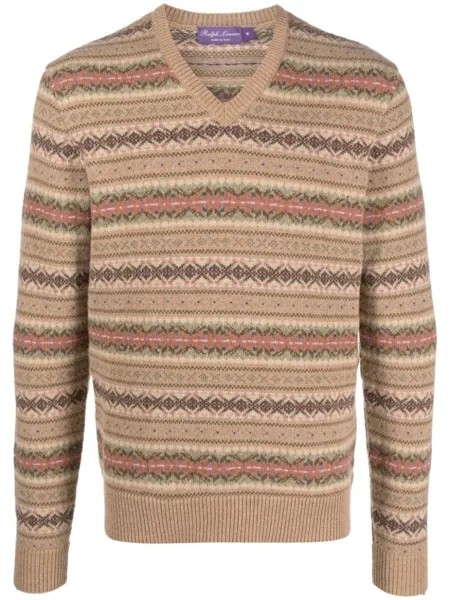 Ralph Lauren Purple Label джемпер с V-образным вырезом и узором, нейтральный цвет