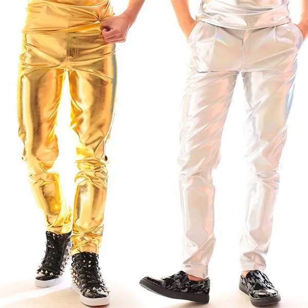 Золотые или серебряные тонкие кожаные брюки в стиле панк локомотивные брюки Dj Ds Bar Ночной клуб Мужской певец сценические шоу молодежный модный костюм