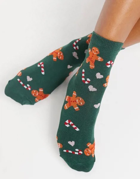Зеленые новогодние носки с вышивкой в виде новогодних сладостей ASOS DESIGN-Зеленый
