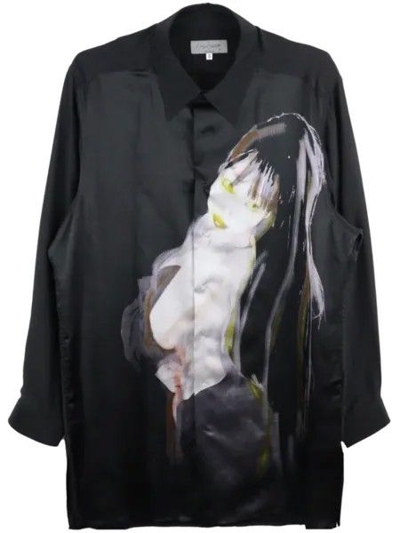 Yohji Yamamoto шелковая рубашка с рисунком-иллюстрацией, черный