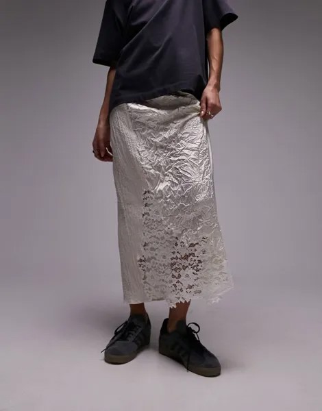 Юбка миди из атласа со складками и кружевом Topshop Patchwork