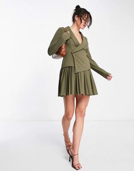 Платье мини цвета хаки с лацканами, расклешенной плиссированной юбкой и длинными рукавами ASOS DESIGN-Зеленый цвет