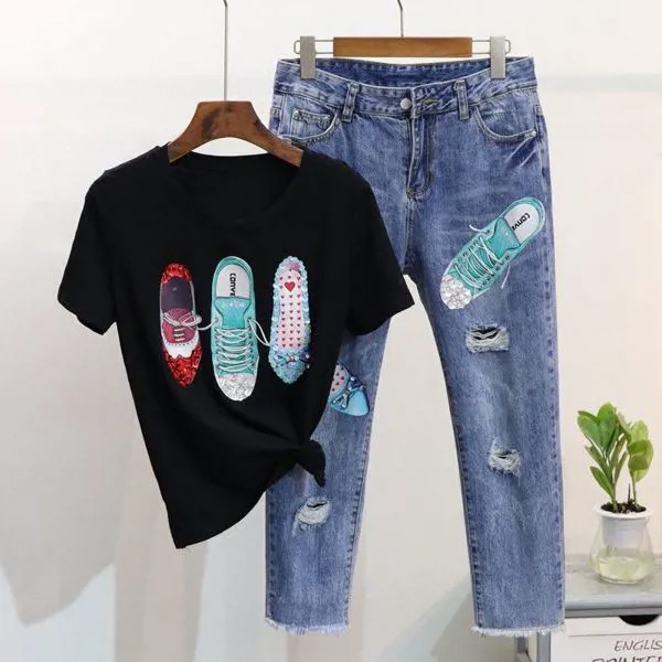 Новинка 2019, Европейский весенний комплект одежды, футболка с короткими рукавами с блестками и жемчугом + джинсы с дырками, RE2474