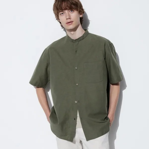 Рубашка UNIQLO с воротником-стойкой с коротким рукавом, оливковый