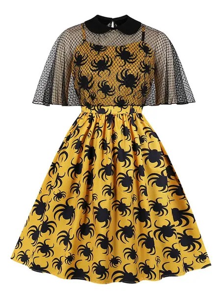 Milanoo Halloween Vintage Dress 1950s Spider Pattern Women Swing Dress With Cape