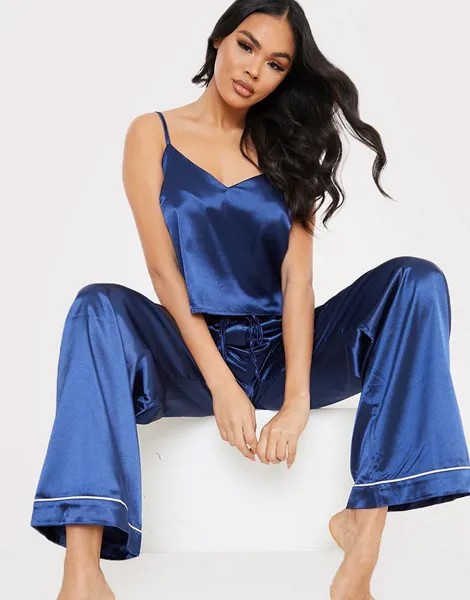 Темно-синий пижамный комплект из майки и брюк с широкими штанинами из атласной ткани с контрастной отделкой In The Style x Lorna Luxe