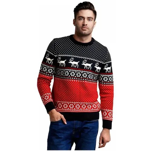 Шерстяной свитер, классический скандинавский орнамент с Оленями и снежинками, натуральная шерсть, красный, черный, молочный цвет, размер L