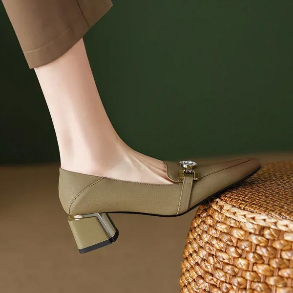 Элегантные французские туфли Heihaian, новинка, подходят для женщин, квадратный носок, с металлическими застежками, на массивном каблуке, лоферы
