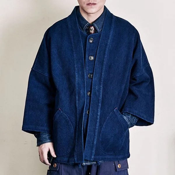 Винтажный тяжелый пиджак цвета индиго, Мужской Хлопковый костюм из ткани Кендо, осенний мужской повседневный Свободный кардиган синего цвета с карманами, пальто