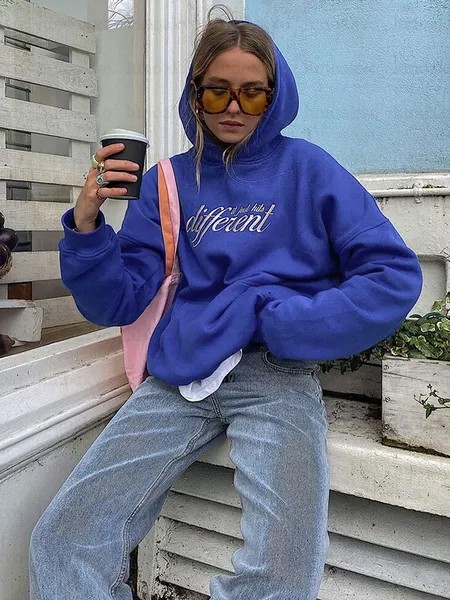Milanoo Women Hoodie Blue Long Sleeves Letters Print Pockets Polyester Hooded Sweatshirt