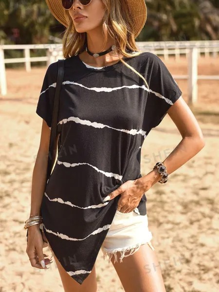 SHEIN LUNE женская летняя удобная футболка с короткими рукавами и круглым вырезом, черное и белое