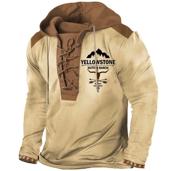 Мужская футболка Vintage Yellowstone Skull Bull Long Sleeve Lace-Up Hooded Colorblock На открытом воздухе Повседневные топы цвета хаки