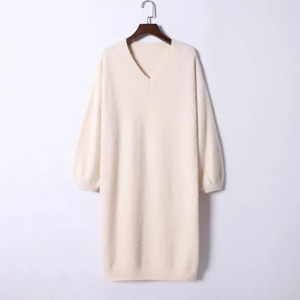 Женское трикотажное платье-свитер, пушистое, с V-образным вырезом, длинным рукавом-фонариком, плотное, до колен, Осень-зима 2020