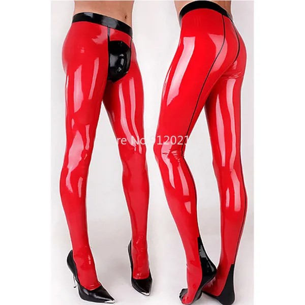 Сексуальные красные латексные мужские брюки, повседневные с носками, с передней промежностью, на молнии, резиновые брюки, джинсы на заказ