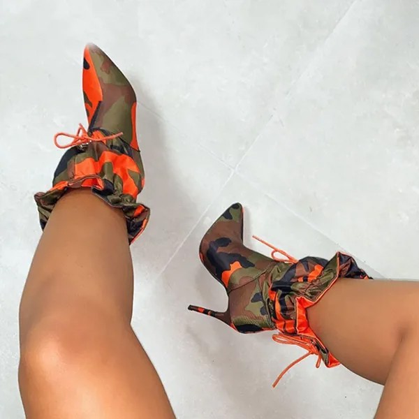 Женские ботильоны на высоком каблуке 11 см, камуфляжные ботинки со шнуровкой, весна-осень 2020