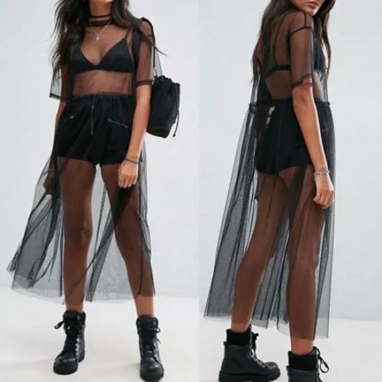 Женщины Черный Сквозной Сетчатый Платье Sheer Maxi Cover Up Тюль Кружева Пляжная одежда