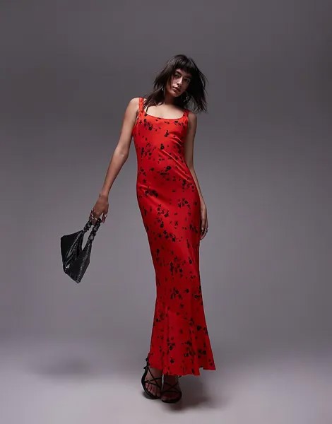Красное платье миди с цветочным принтом и расклешенным подолом Topshop