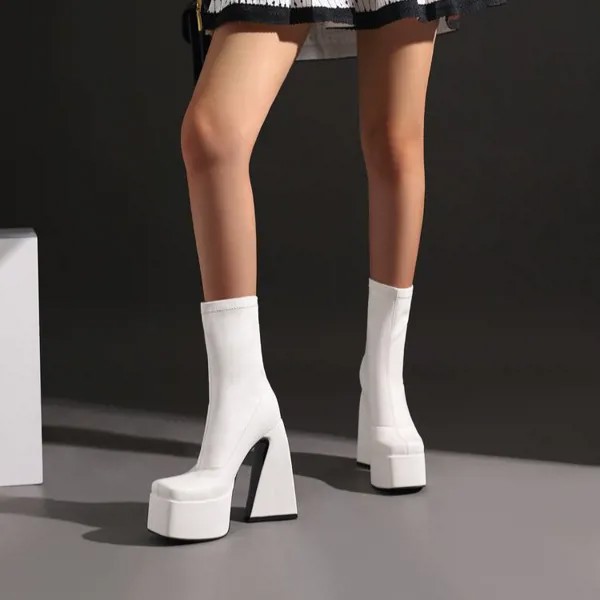2023 белые толстые водонепроницаемые тайваньские женские укороченные сапоги на очень высоком каблуке кожаные эластичные сапоги