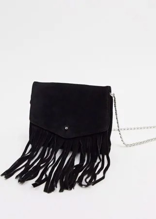 Кожаная сумка через плечо с бахромой и замшевыми вставками Urbancode-Черный