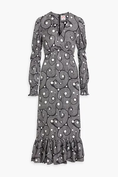 Платье миди Clemente из шелкового твила с принтом и оборками Shrimps, черный