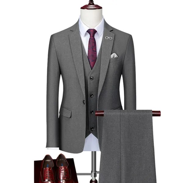 Новинка 2022, модный мужской повседневный эксклюзивный однотонный костюм из 3 предметов, пальто, брюки, жилет, мужской деловой Свадебный костюм для жениха, шерстяные блейзеры