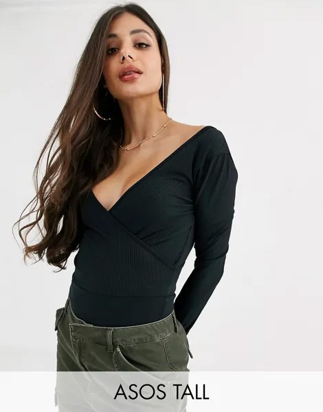 Черное боди с запахом ASOS DESIGN Tall-Черный